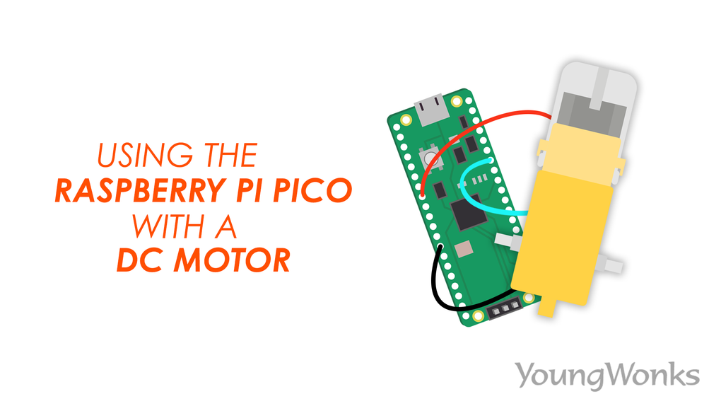 An image that explains how to use a DC motor with the Raspberry Pi Pico, and a Python program to control a DC motor