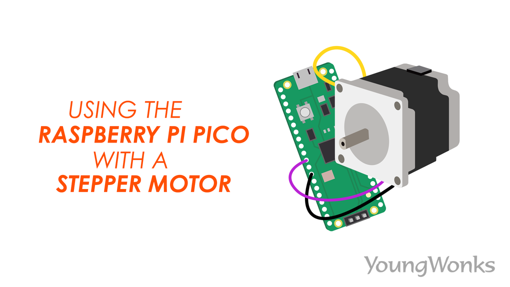 An image that explains how to use a stepper motor with the Raspberry Pi Pico, and a Python program to control a stepper motor