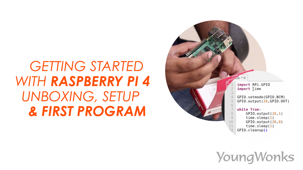 An image that shows how to setup Raspberry Pi 4, explains Raspberry Pi uses and a Python program to control LEDs