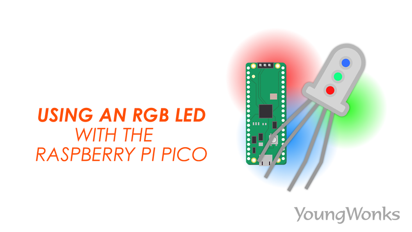 An image that shows an RGB LED with the Raspberry Pi Pico, and explains a Python program to use an RGB LED