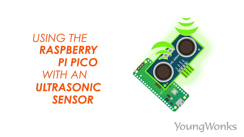 An image that has an ultrasonic sensor with the Raspberry Pi Pico, and explains a Python program to use an ultrasonic sensor