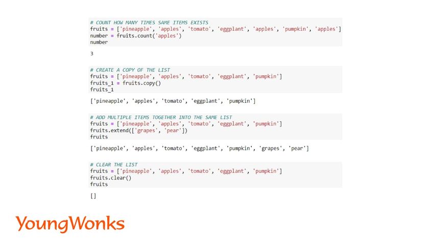 python list methods extend clear count copy