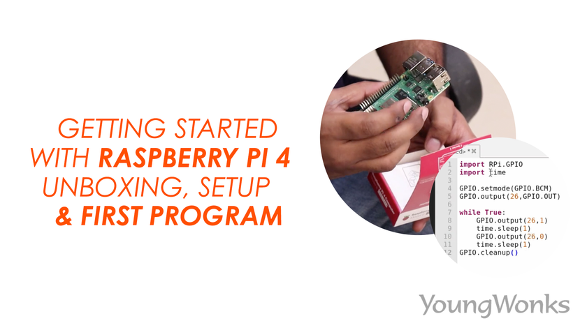 An image that shows how to setup Raspberry Pi 4, explains Raspberry Pi uses and a Python program to control LEDs