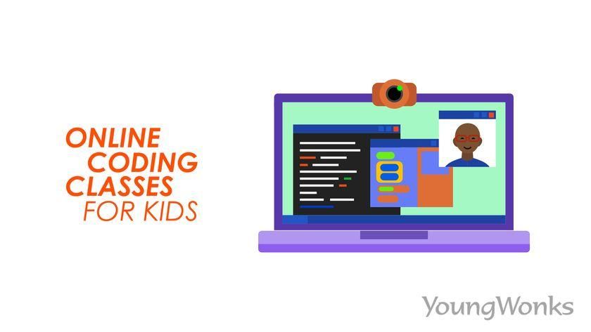 Online coding classes for kids image showing a computer with a teacher-student chat, teachers’ video, and a code window