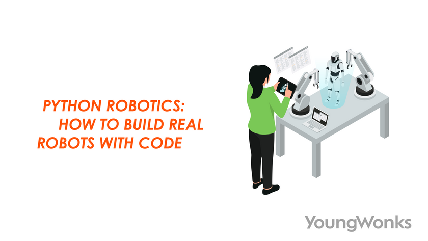 Illustration of a person using a tablet to program humanoid robots and robotic arms, representing Python robotics and robot p