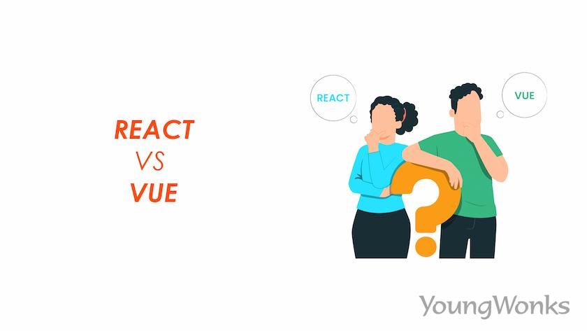 An image that shows two people confused about React vs Vue.